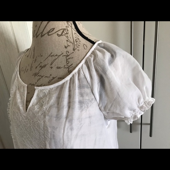 Candies White Blouse Semi Sheer Center Lace Short Elastic Puff Sleeves Top Med. - Picture 3 of 16